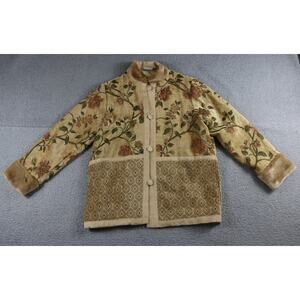 Isabella's Journey Jacket L XL Floral Tapestry Faux Fur Trim Lined Boho Art